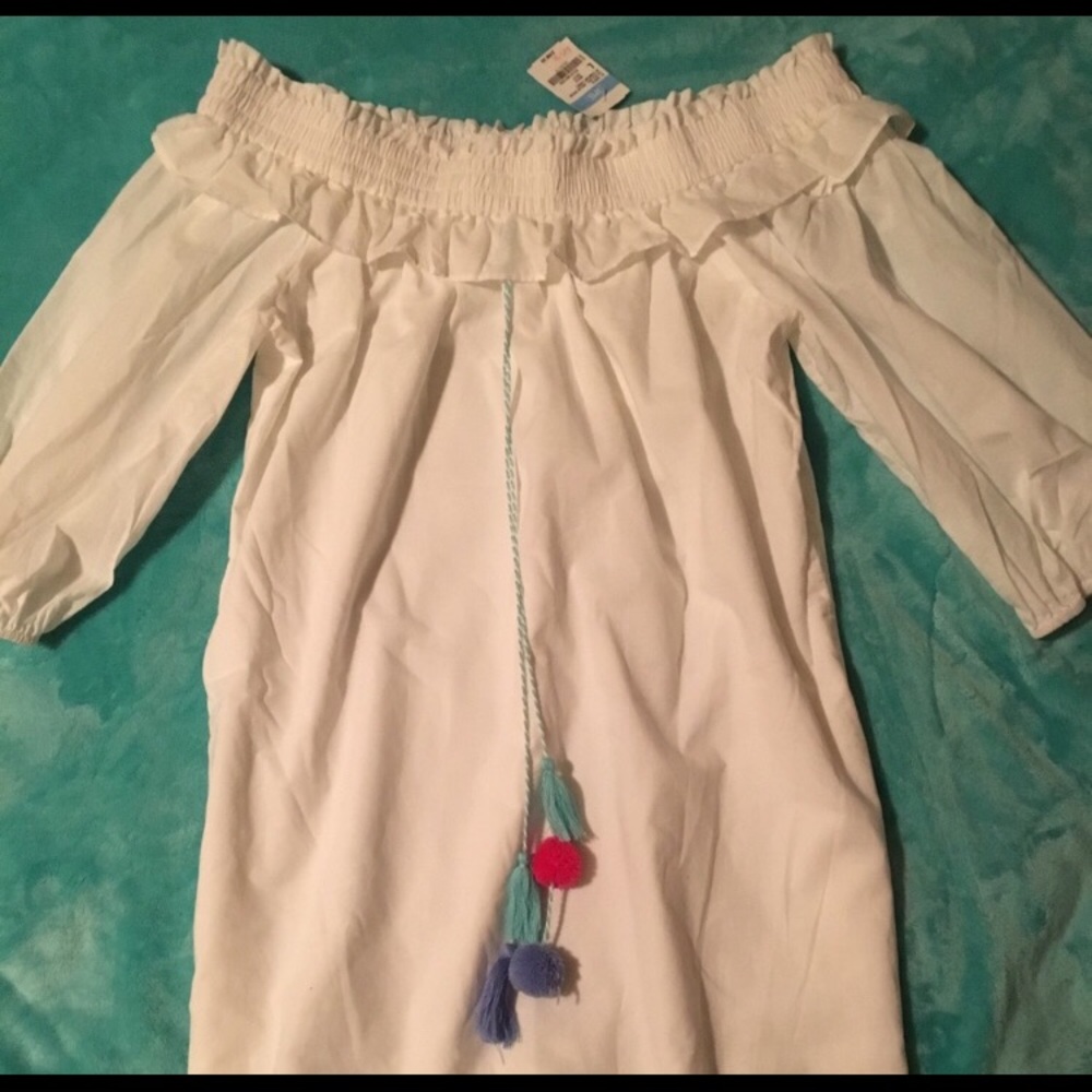 J McLaughlin white dress with pompom tassels